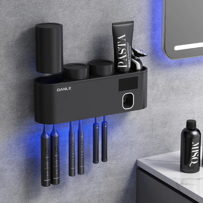 Solar-Powered UV Toothbrush Holder & Toothpaste Dispenser Wall Rack