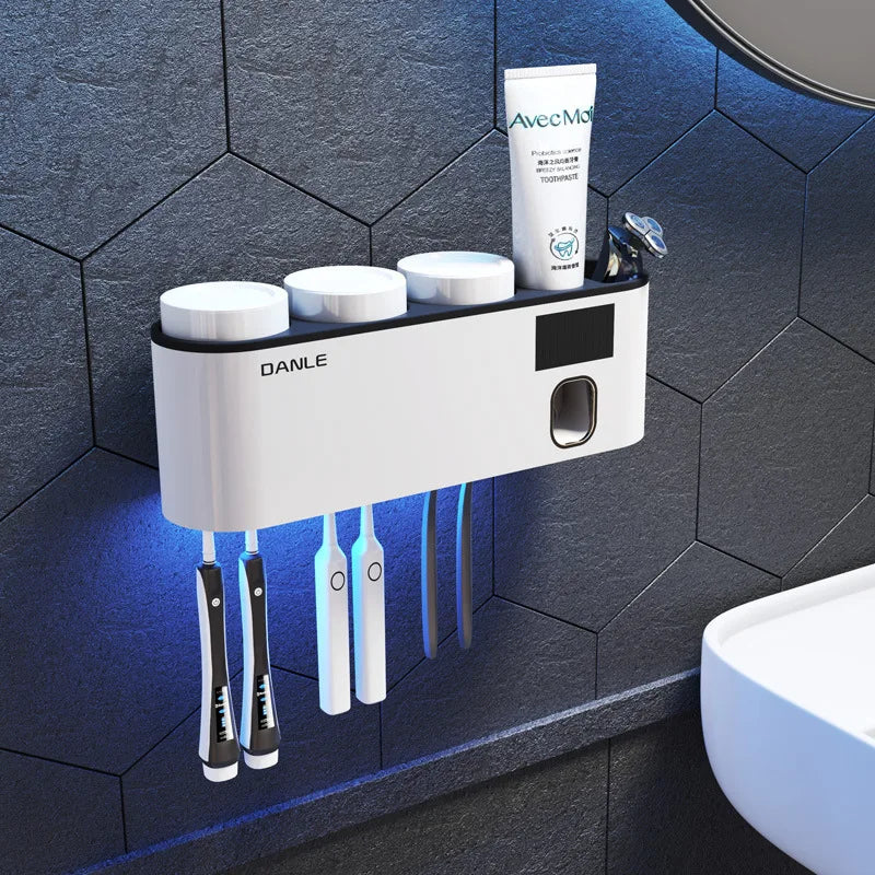 Solar-Powered UV Toothbrush Holder & Toothpaste Dispenser Wall Rack