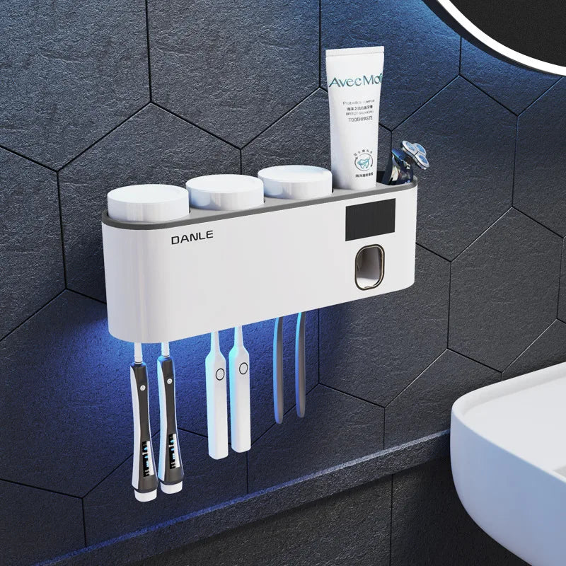 Solar-Powered UV Toothbrush Holder & Toothpaste Dispenser Wall Rack