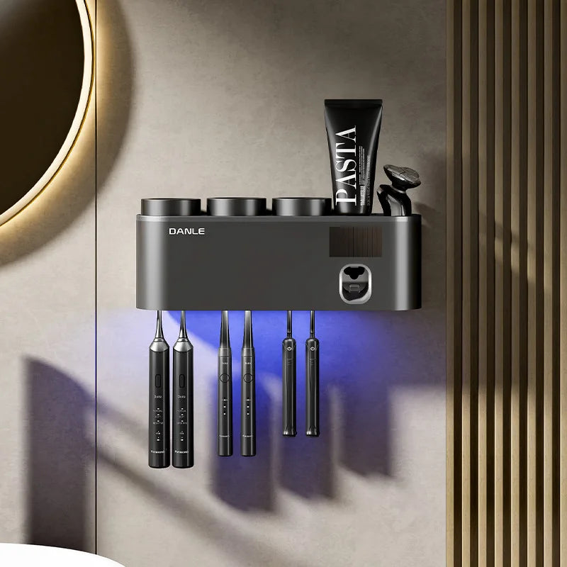 Solar-Powered UV Toothbrush Holder & Toothpaste Dispenser Wall Rack